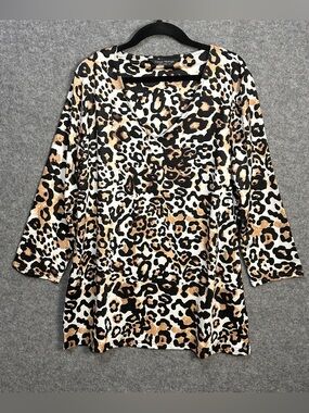 Tango Mango L Animal Print V-Neck Stretch Knit Tunic Leopard Resortwear Safari